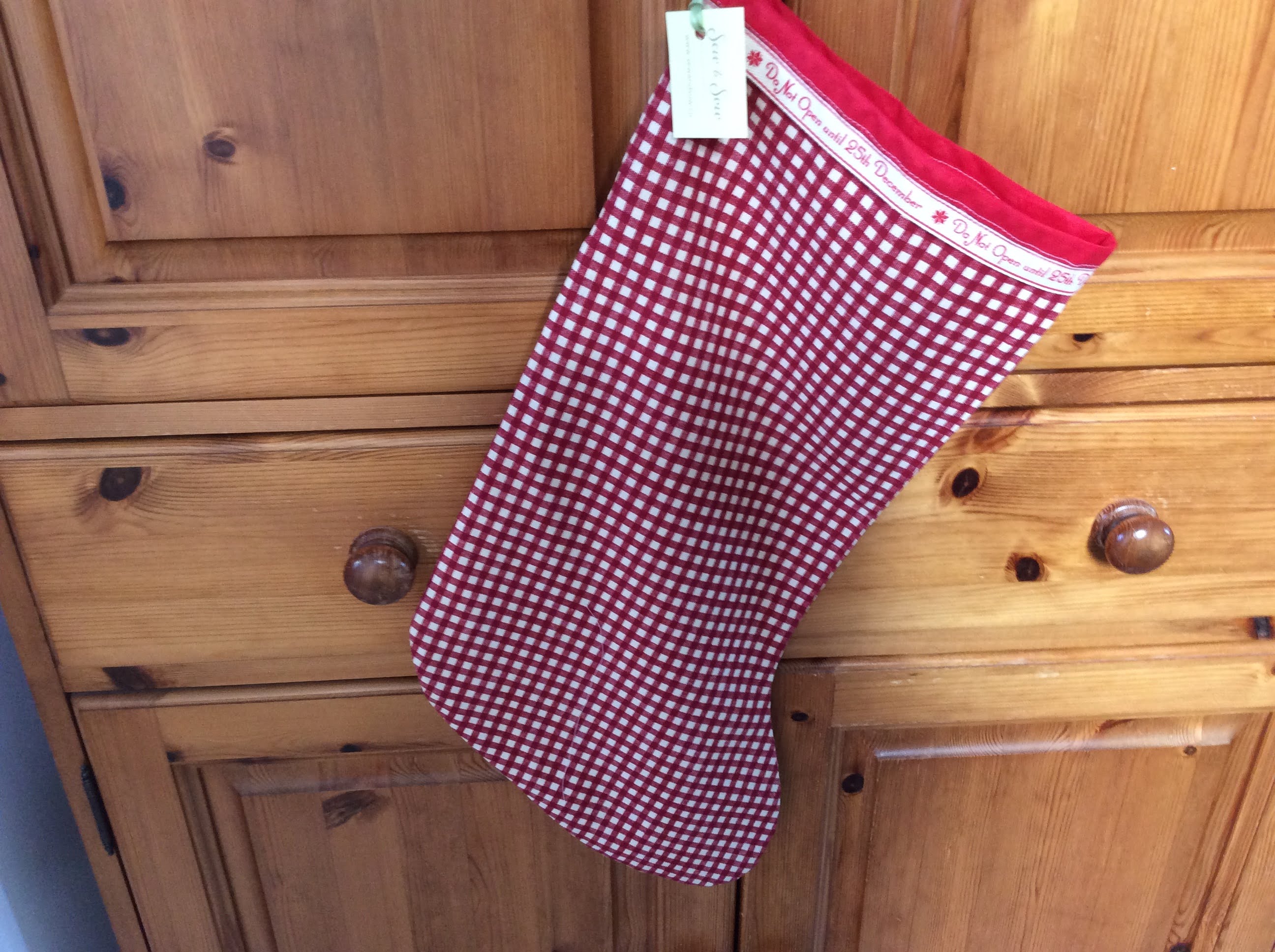 Christmas Stocking - red check and 25th Dec ribbon